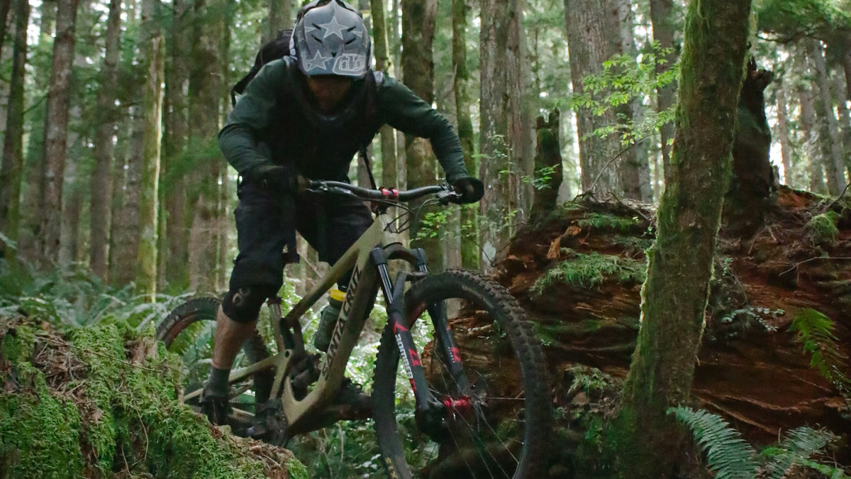 Mountain biker riding through a forest trail